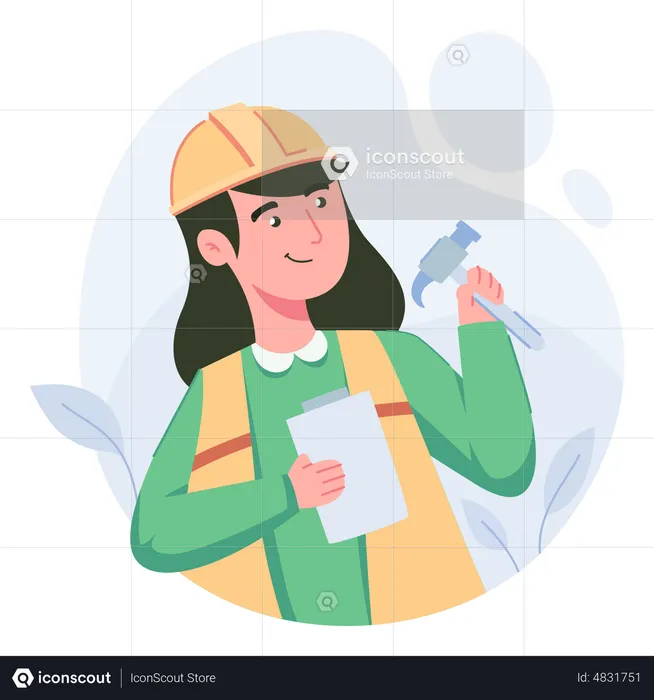 Woman builder holding hammer and plan  Illustration