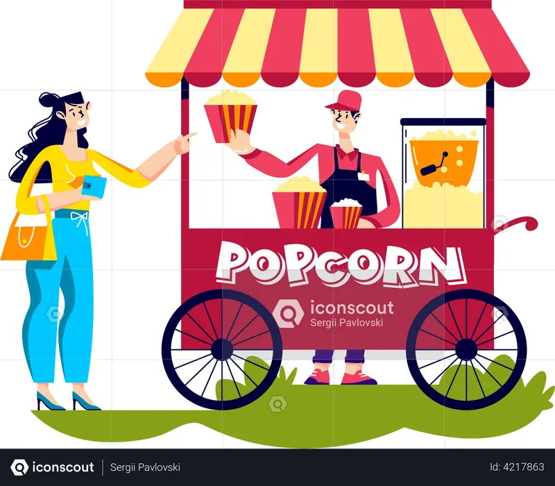 Woman buy popcorn in street kiosk  Illustration