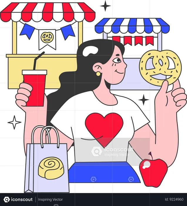Woman buying and eating pretzels  Illustration