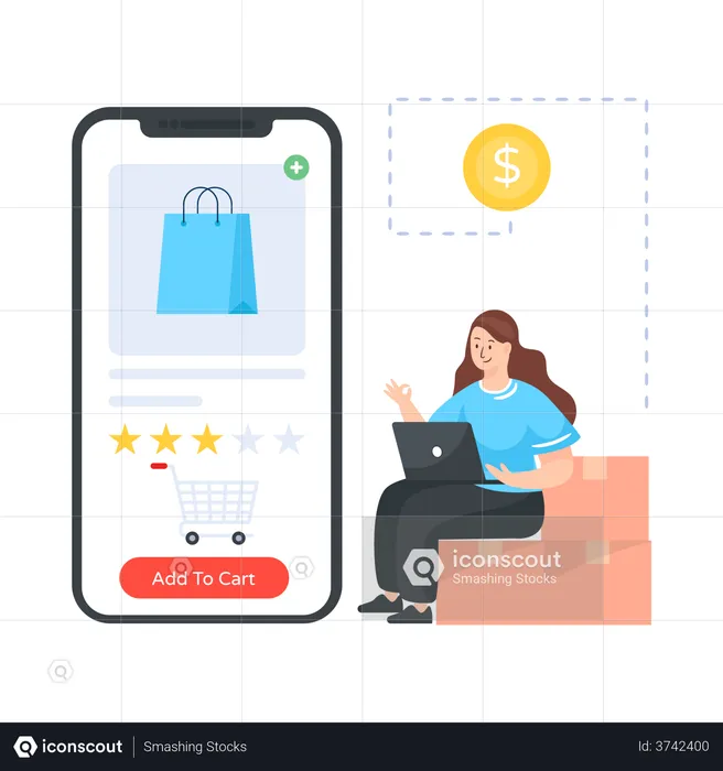 Woman buying bag from online marketplace  Illustration