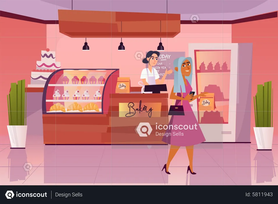 Woman buying bakery product in bakery  Illustration