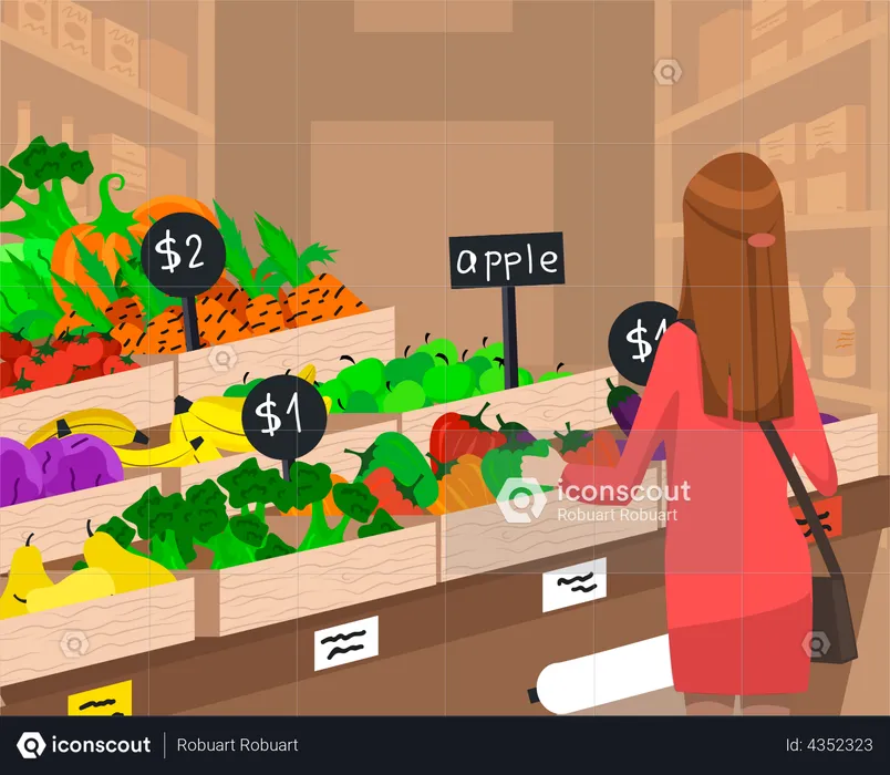 Woman buying fresh vegetables at grocery store  Illustration