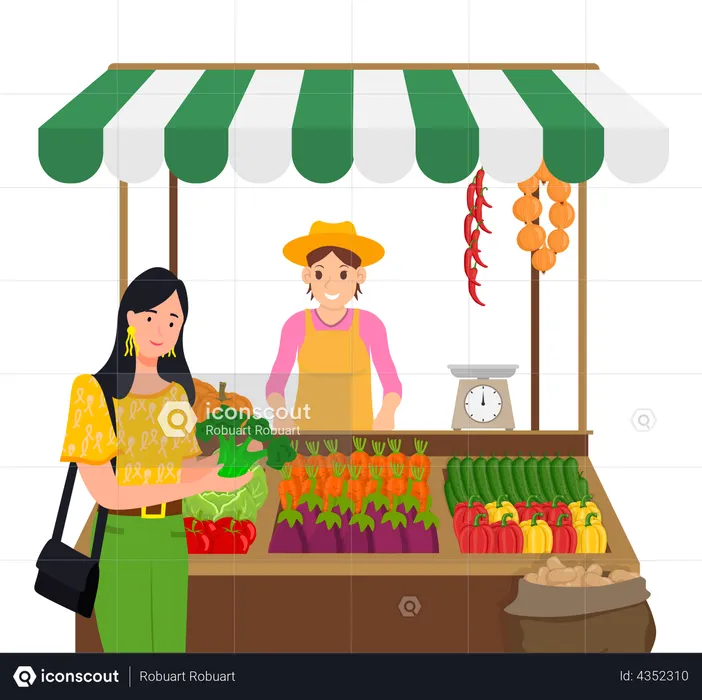 Woman buying fresh vegetables from street vendor  Illustration