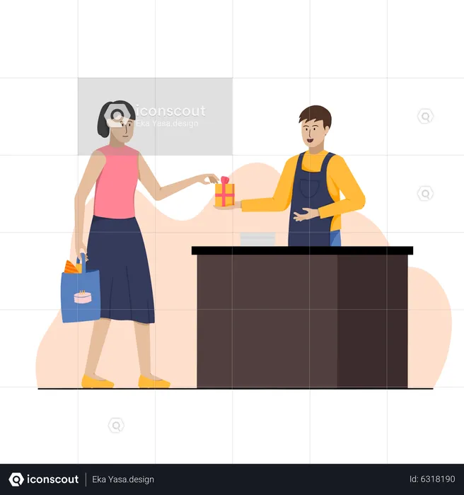 Woman buying gift from gift shop  Illustration