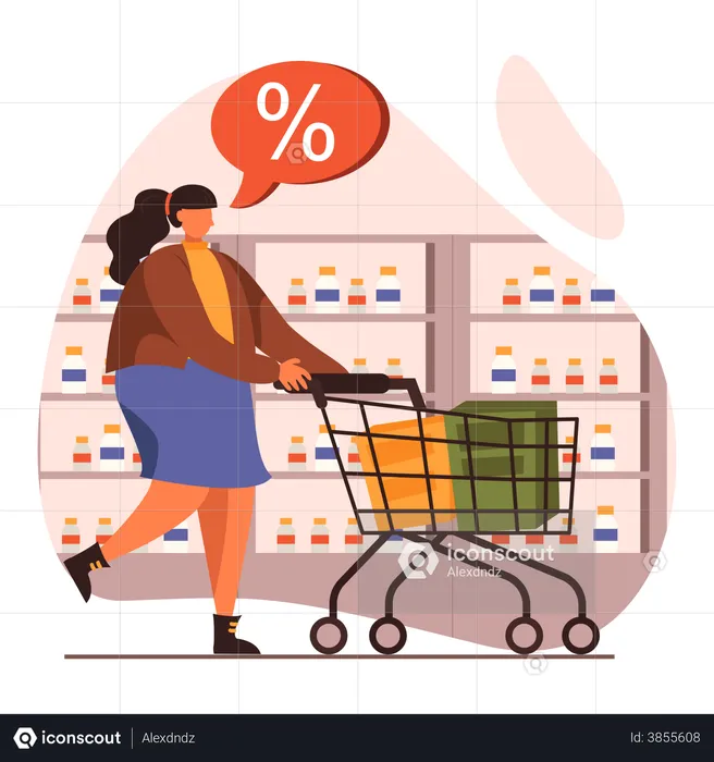 Woman buying groceries on sale  Illustration