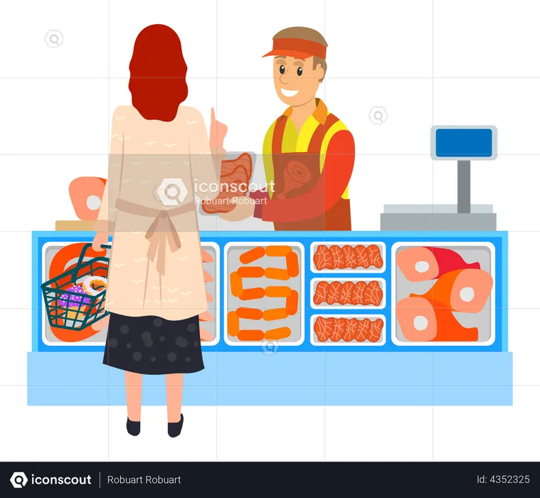 Woman buying meat from butcher store  Illustration