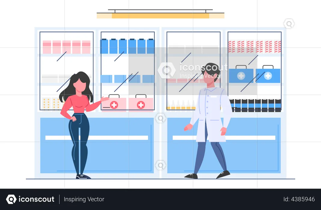 Woman buying medication from pharmacy store  Illustration