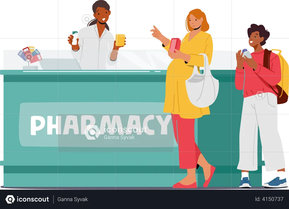 Woman buying medicines from pharmacy store  Illustration