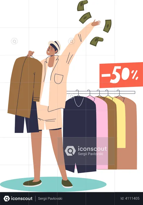 Woman buying new clothes with 50 percent sale  Illustration