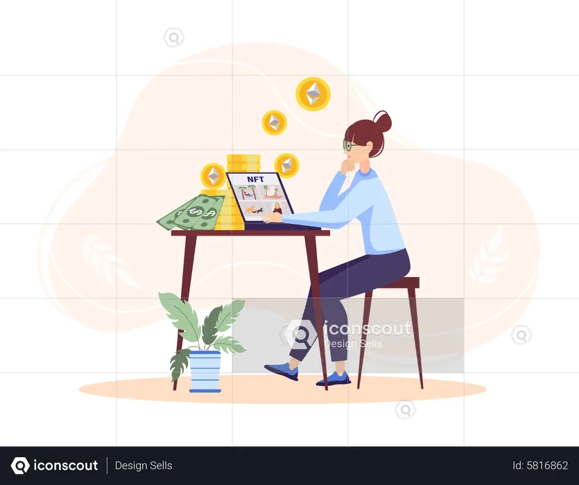 Woman buying NFT with ethereum  Illustration