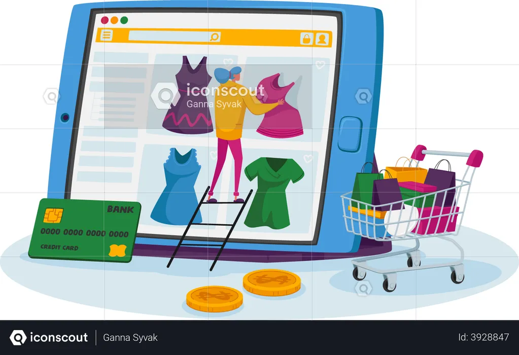 Woman buying online products by paying through card  Illustration