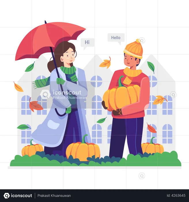 Woman buying pumpkin from local vendor  Illustration