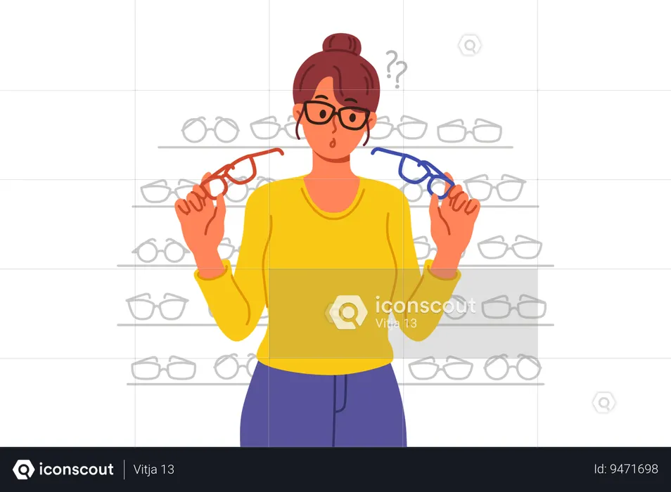 Woman buys glasses in store with large assortment of lenses and frames and chooses of two options  Illustration