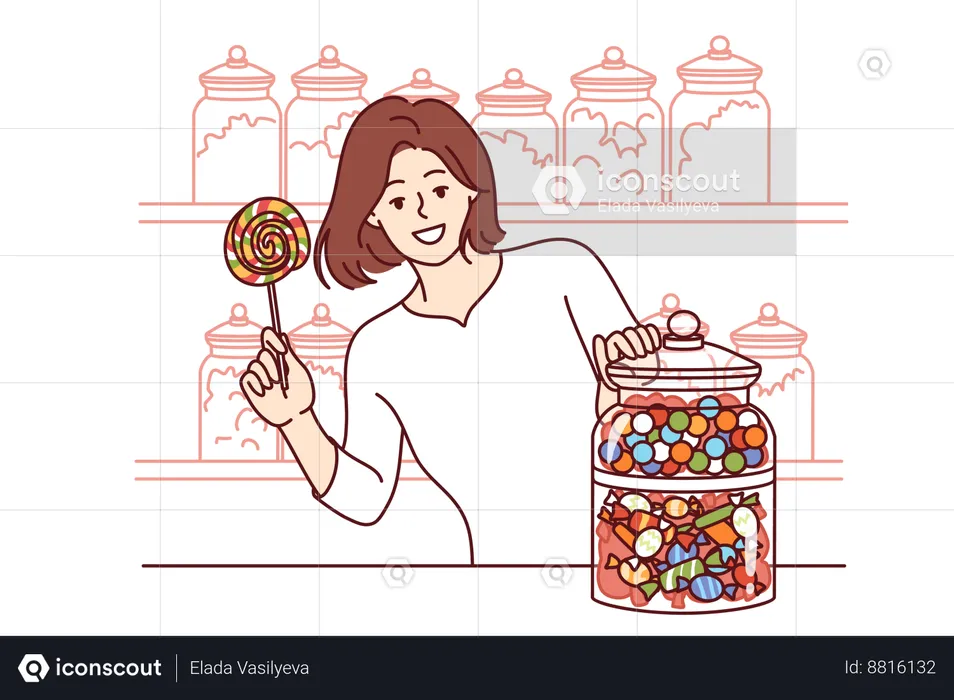 Woman buys lollipop  Illustration
