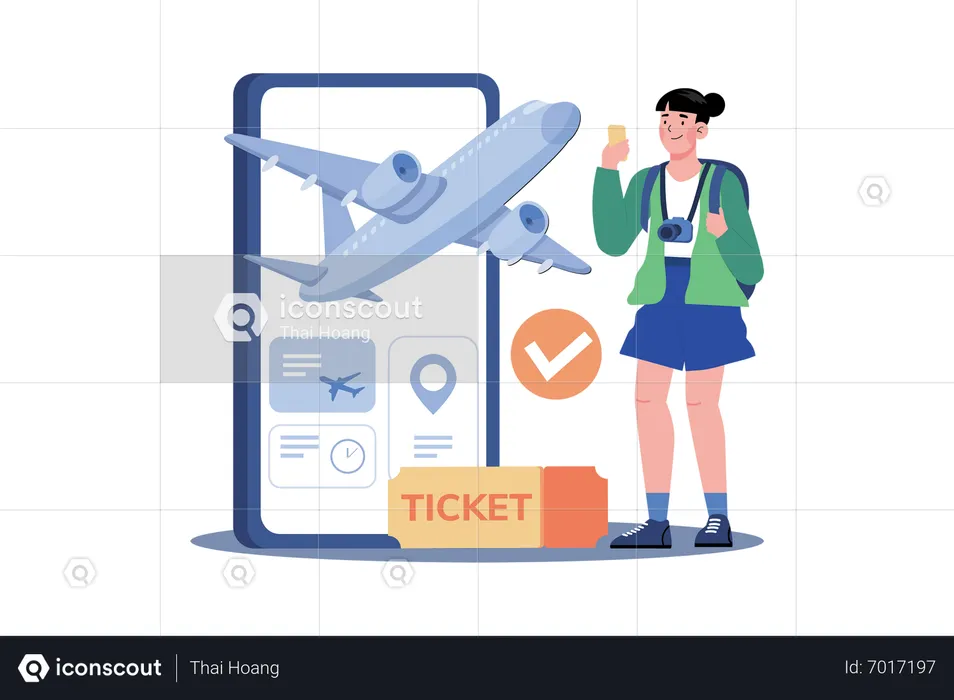 Woman buys plane tickets online to save money  Illustration