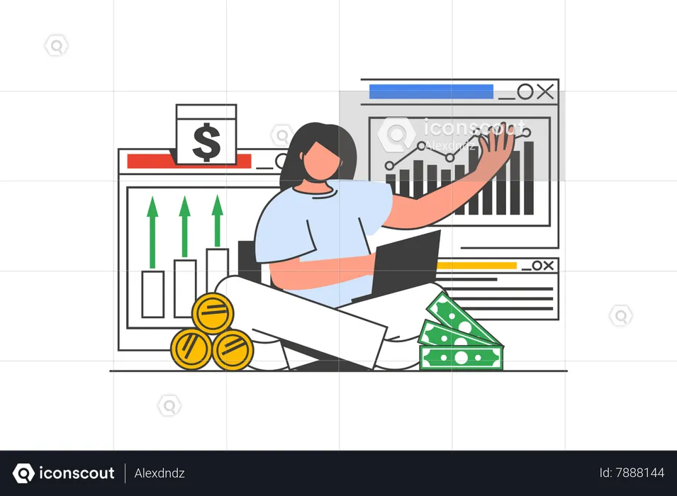 Woman calculates and plans personal finance  Illustration