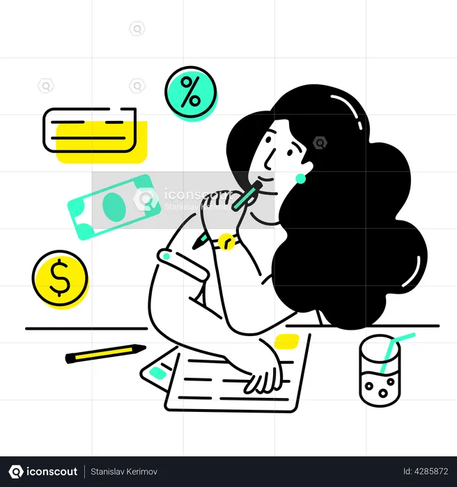 Woman calculates her expenses and income  Illustration