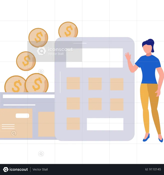 Woman calculating money on calculator  Illustration