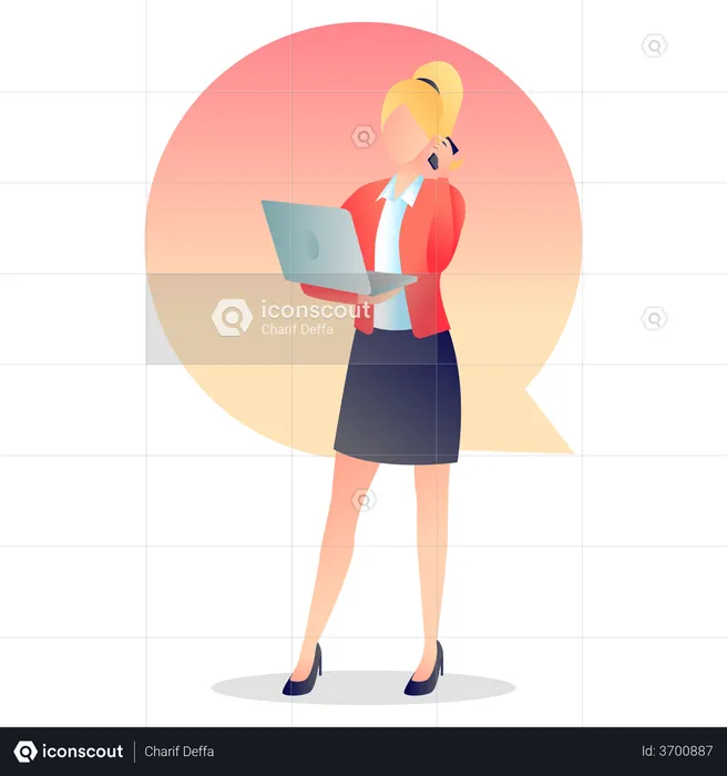 Woman Calling on Mobile holding laptop  Illustration