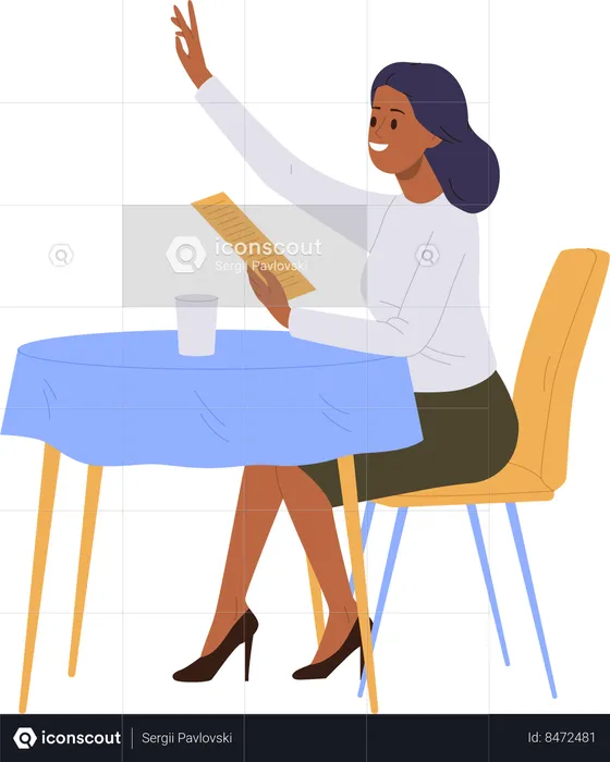 Woman calling waiter at restaurant  Illustration