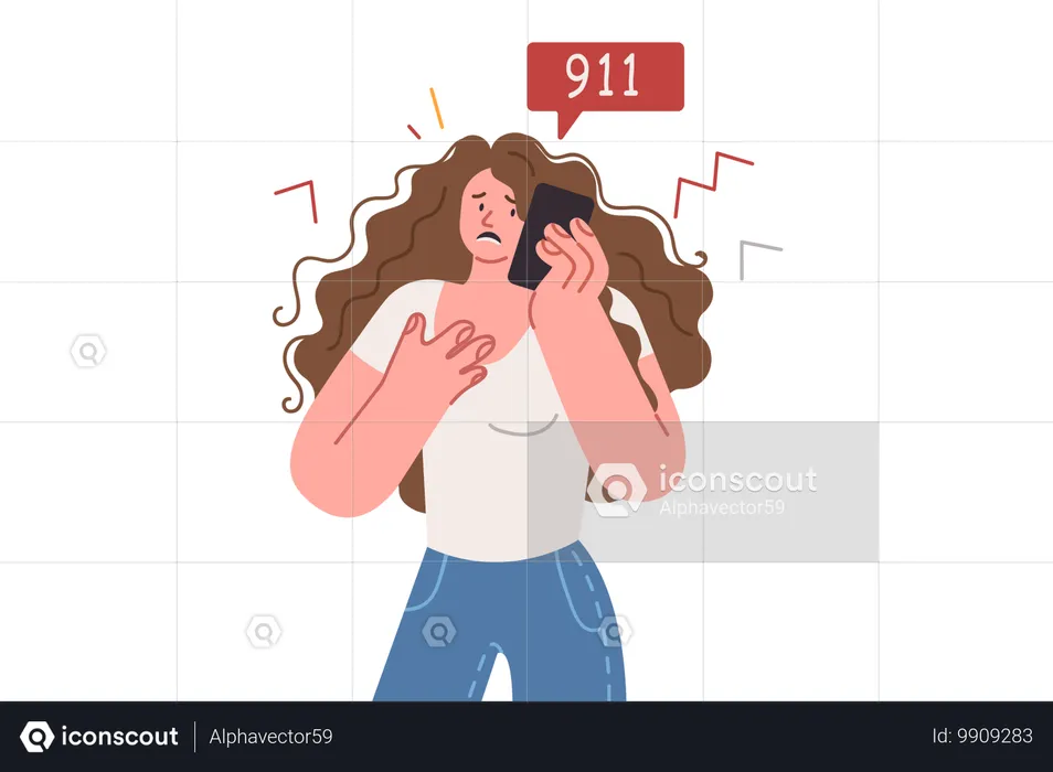 Woman calls 911 to report emergency and call ambulance to provide first medical aid  Illustration