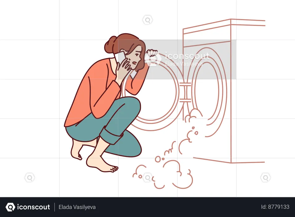 Woman calls technician to repair washing machine  Illustration