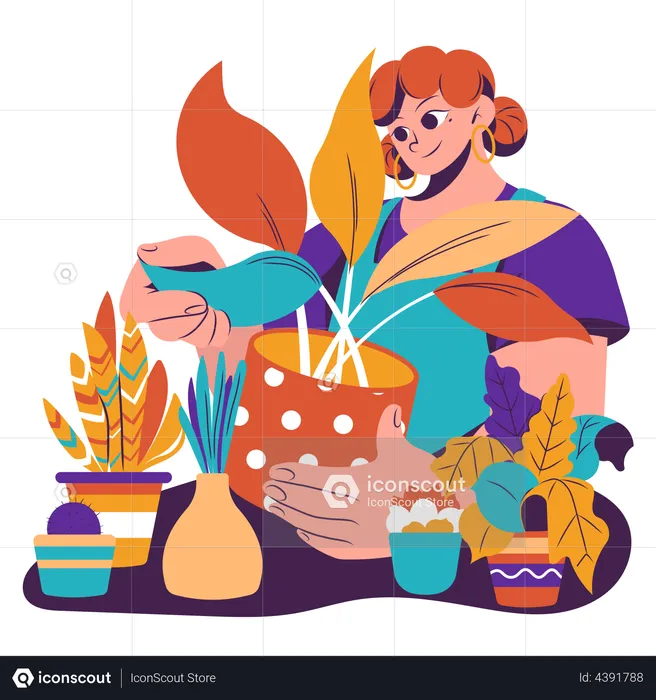 Woman caring houseplant on weekend  Illustration