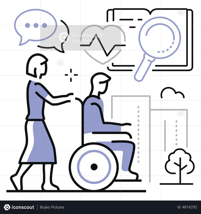 Woman carries handicapped man in wheelchair  Illustration