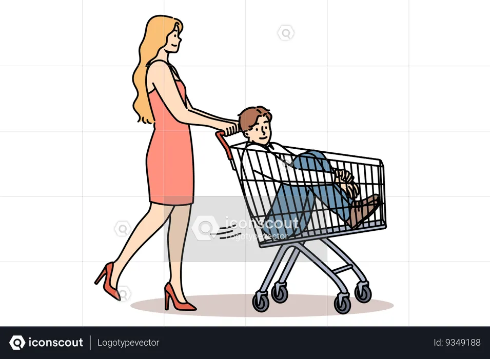 Woman carries man in supermarket carts while buying boyfriend and financially motivated marriages  Illustration