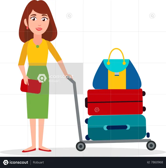 Woman Carry Luggage on Transportation Cart  Illustration