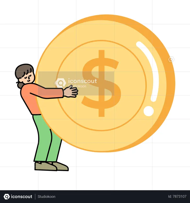 Woman carrying  a large coin  Illustration