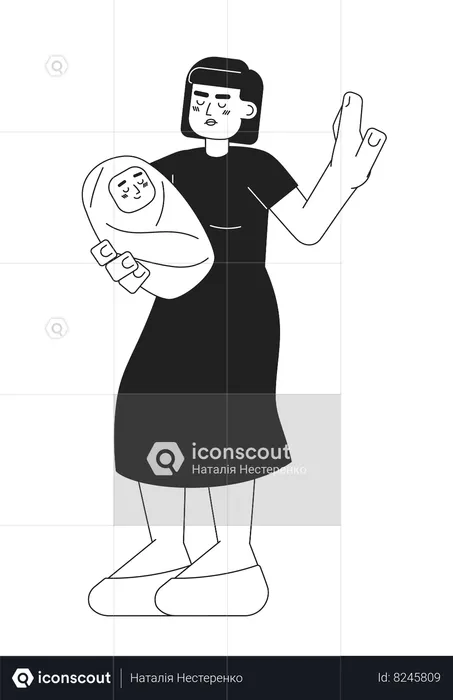 Woman carrying baby and showing stop gesture  Illustration