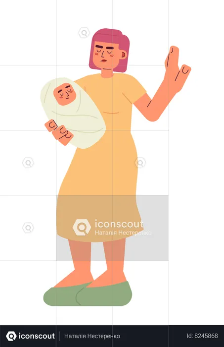 Woman carrying baby and showing stop gesture  Illustration