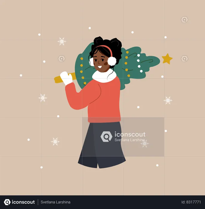 Woman carrying Christmas tree  Illustration