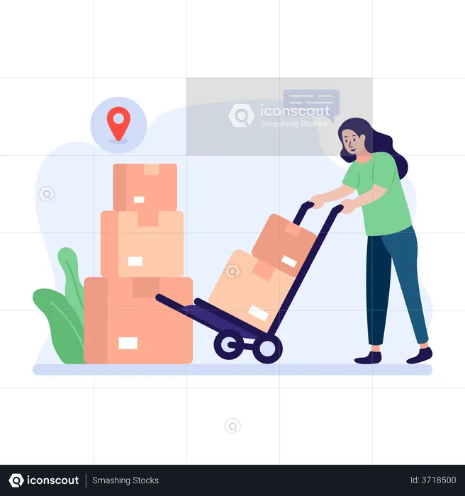 Woman carrying delivery package using trolley  Illustration