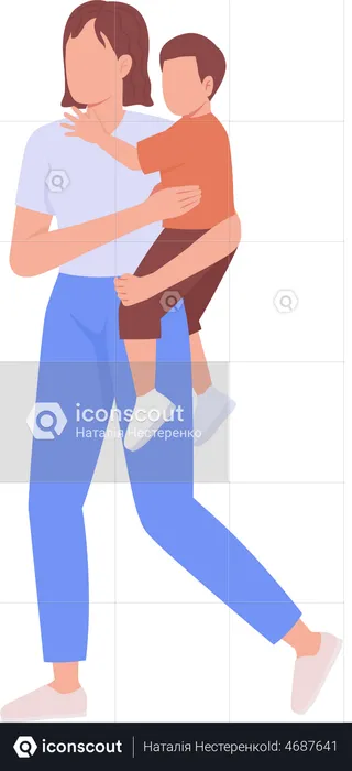 Woman carrying little boy  Illustration