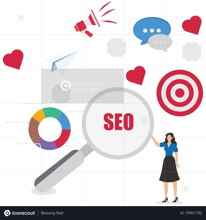 Woman carrying magnifying glass with marketing elements  Illustration