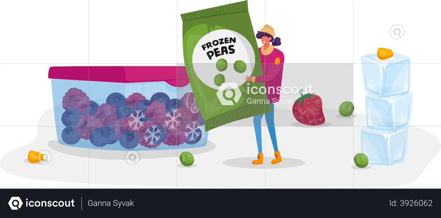 Woman carrying pack of frozen peas  Illustration