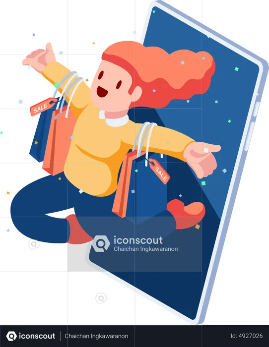 Woman Carrying Shopping Bags Come Out from Smartphone  Illustration