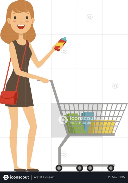 Woman carrying shopping trolley  Illustration