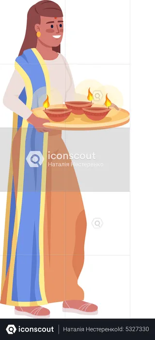 Woman carrying tray with diyas  Illustration