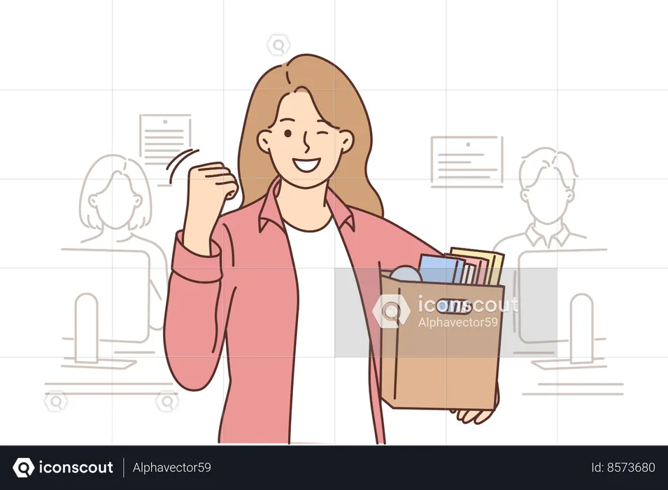 Woman celebrates dismissal by standing in office  Illustration