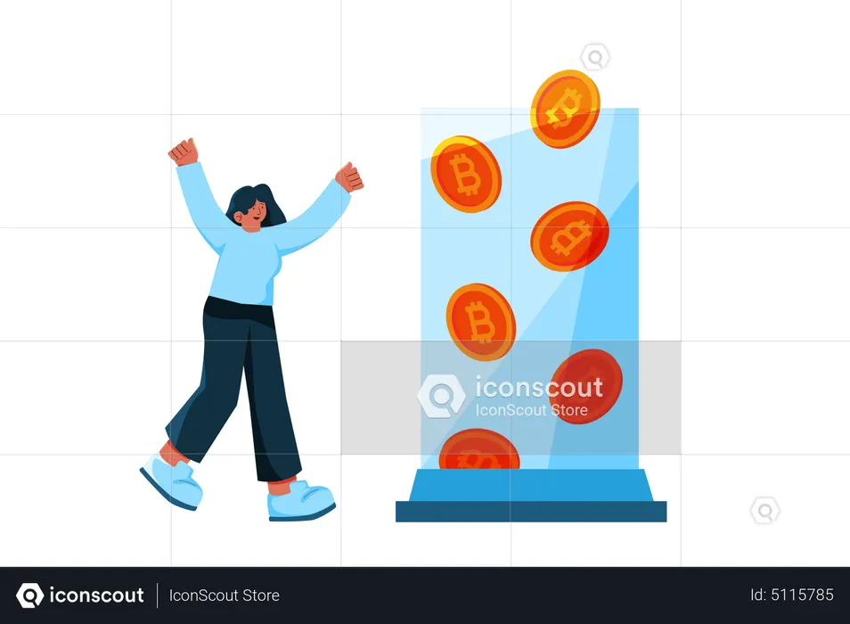 Woman celebrating bitcoin mining reward  Illustration