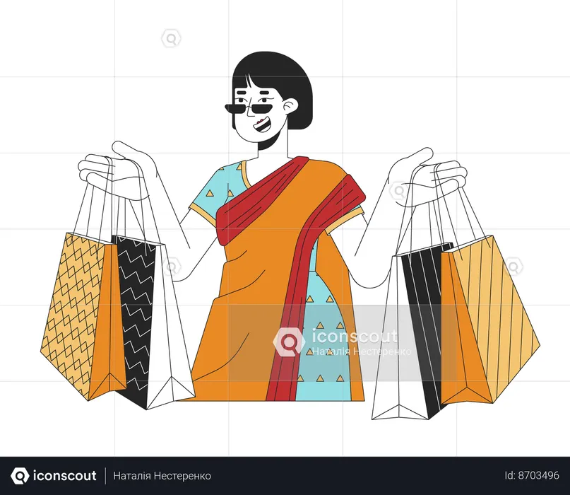 Woman celebrating Diwali with gift bags  Illustration