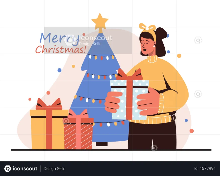 Woman celebrating Merry Christmas with present  Illustration