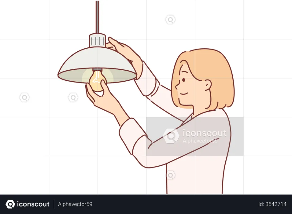 Woman changes light bulb in house  Illustration