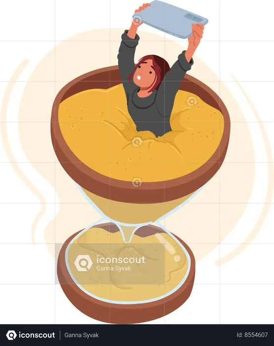 Woman Character Engrossed In Her Tablet Sinks Into The Hourglass Sands  Illustration