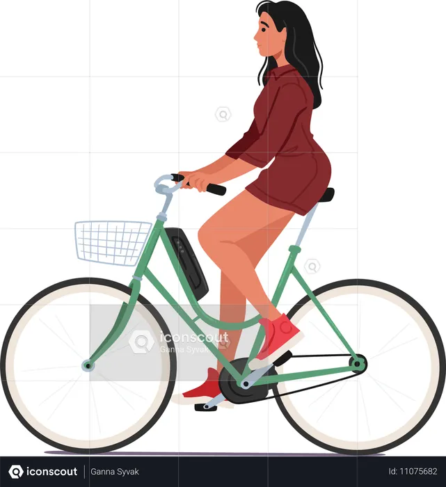 女性キャラクターが電動自転車を優雅に街中で操縦  イラスト