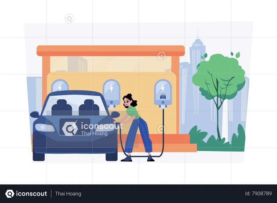 Woman Charges Electric Car At The Power Center  Illustration