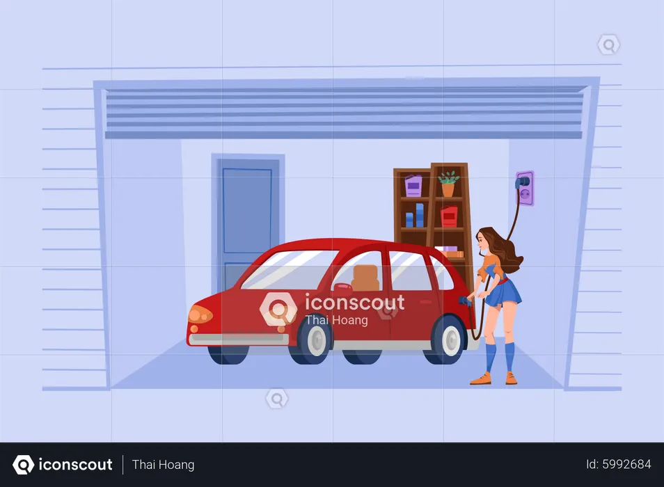 Woman Charging An Electric Car At Home  Illustration